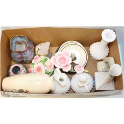 BOX OF COLLECTIBLES INCL BELLEEK, GLASS VASES,