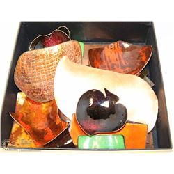 BOX OF PAINTED COPPER JEWELLERY HOLDERS.