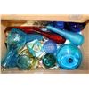 Image 1 : BOX OF BLUE, RED, AND TEAL VASES, TRINKETS &