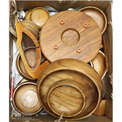 LARGE BOX OF WOOD SALAD BOWLS & MORE.