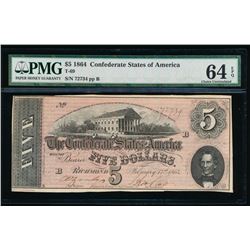 1864 $5 Confederate States of America Note PMG 64EPQ