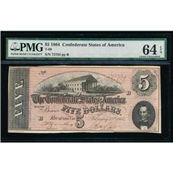 1864 $5 Confederate States of America Note PMG 64EPQ