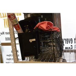 TWO BLACK TRASH CANS AND MAFAZINE RACKS AND ESTATE GOODS