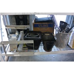SHELF LOT OF ESTATE SHOP SUPPLIES AND ALUMINUM BATTERY BOXES PLANTER POTS ETC