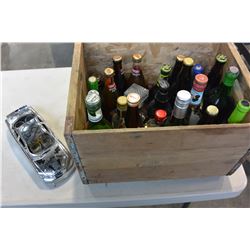 CHROME NUMBER THREE DECANTER CAR AND CRATE OF BOTTLES
