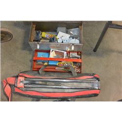 RONA TILE CUTTER AND TOOLBOX WITH CONTENTS