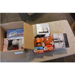 TWO POTATOE HEAD STUFFIES GIFT BOX AND CRYSTAL CANDLESTICKS
