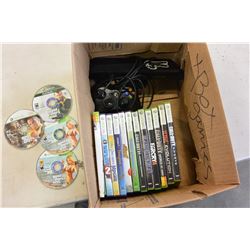 BOX OF XBOX 360 VIDEO GAMES AND CONTROLLER