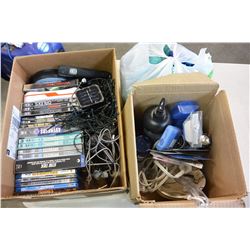 BOX OF DVDS AND ELECTRONICS