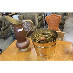 COPPER VASE AND TWO BUCKETS AND GLASSES