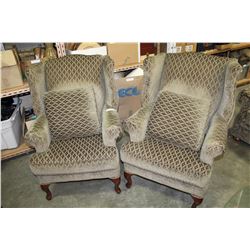 PAIR OF GREEN UPOLSTERED WING BACK CHAIRS