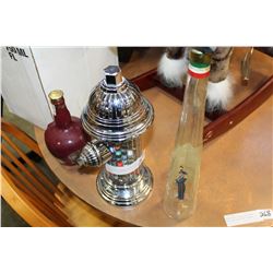 TWO VINTAGE LIQUOR BOTTLES AND NOVELTY FIRE HYDRANT FULL OF MARBLES