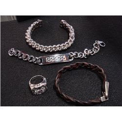 TWO STAINLESS MENS BRACELETS AND RING AND LEATHER BRACELET