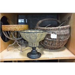 BASKET OF CAST IRON CANDLE HOLDERS AND 3 WICKER AND METAL CENTER BOWLS