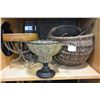 Image 1 : BASKET OF CAST IRON CANDLE HOLDERS AND 3 WICKER AND METAL CENTER BOWLS