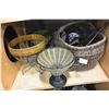 Image 2 : BASKET OF CAST IRON CANDLE HOLDERS AND 3 WICKER AND METAL CENTER BOWLS