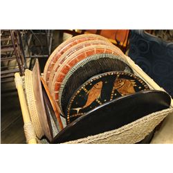 BASKET OF DECORATIVE SERVING PLATTERS ETC