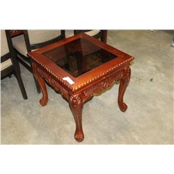 NEW GLASSTOP CARVED SIDE TABLE