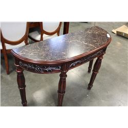 NEW DECORATIVE CARVED MAHOGANY FAUX MARBLE TOP SOFA TABLE