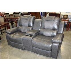 FLOOR MODEL GREY DOUBLE RECLINING LOVESEAT WITH THEATRE CONSOLE PERFORATED BACK SUPPORT RETAIL $1299