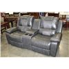 Image 1 : FLOOR MODEL GREY DOUBLE RECLINING LOVESEAT WITH THEATRE CONSOLE PERFORATED BACK SUPPORT RETAIL $1299