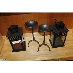 PAIR OF CANDLE LANTERNS AND PAIR OF CANDLE STANDS