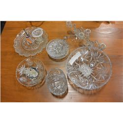 LOT OF CRYSTAL SERVING PIECES CANDLESTICKS ETC