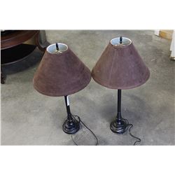 PAIR OF 31 INCH METAL BASE DECORATOR LAMPS WITH BROWN SHADES