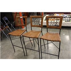 THREE IRON AND WICKER BAR STOOLS