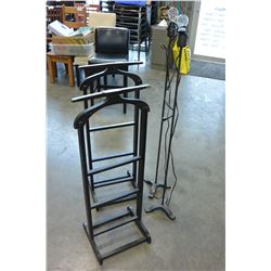 TWO BLACK VALET STANDS AND TWO METAL LAMP BASES