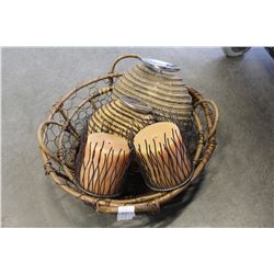 TWO BASKETS AND PAIR OF DESIGNER CANDLE HOLDERS