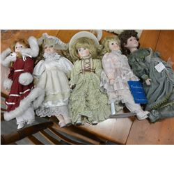 FIVE COLLECTIBLE PORCELAIN DOLLS