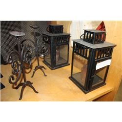 PAIR OF CANDLE LANTERNS AND PAIR OF CANDLE STANDS