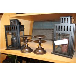 PAIR OF CANDLE LANTERNS AND PAIR OF METAL CANDLESTICKS