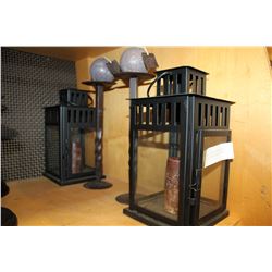 PAIR OF CANDLE LANTERNS AND PAIR OF METAL CANDLESTICKS