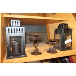 PAIR OF CANDLE LANTERNS AND PAIR OF METAL CANDLESTICKS