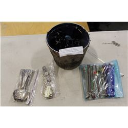 PAIL OF GLASSES AND ROGERS BROTHERS CUTLERY AND WATCHES
