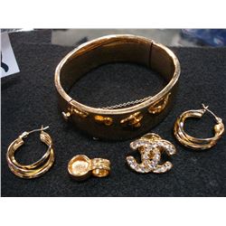 GOLD TONE MONET BANGLE AND CHANEL EMBLEM PIN ETC