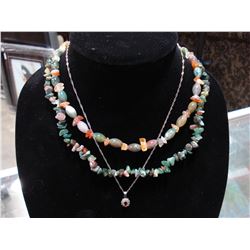 STERLING RUBY STONE PENDANT AND PRECIOUS STONE DOUBLE STRAND NECKLACE