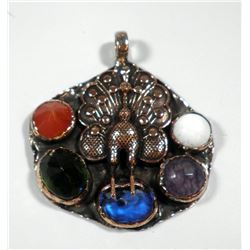 Peacock-shaped silver and copper pendant