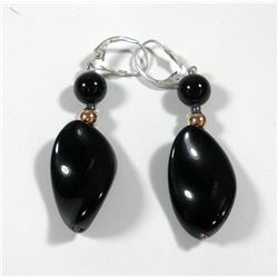 Pair of 925 sterling silver earrings combining a K14 gold bead and black onyx stones