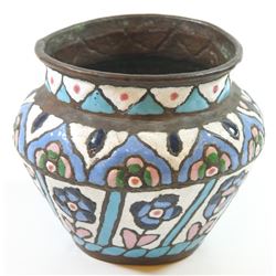 Antique Syrian enamel and copper vase