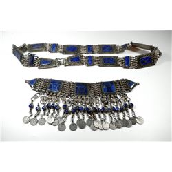 Set of spectacular antique (low) silver Islamic belt and necklace with lapis lazuli settings