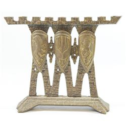 Israeli brass upright menorah lamp, Jerusalem walls