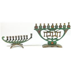 Lot of 2 old Israeli brass upright Hanukkah menorah lamps