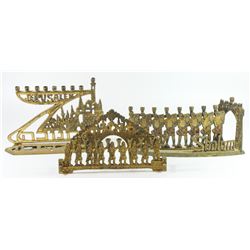 Collection of 3 Israeli brass Hanukkah menorah lamps