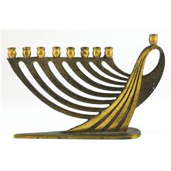 Old Israeli brass upright Hanukkah menorah lamp in the shape on an oil cruse, by Oppenheim