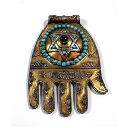 Turkmen silver and brass pendnat, Hamsa