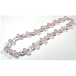 Rose quartz bead necklace, sterling silver and K14 gold