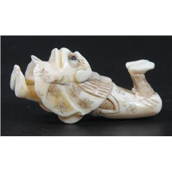 Lying man wearing mask, unique old quality ivory netsuke